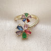 Oro Laminado Multi Stone Ring, Gold Filled Style Flower Design, with Multicolor Cubic Zirconia, Polished, Golden Finish, 01.196.0040