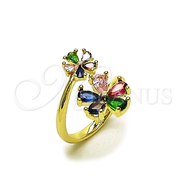 Oro Laminado Multi Stone Ring, Gold Filled Style Flower Design, with Multicolor Cubic Zirconia, Polished, Golden Finish, 01.196.0040