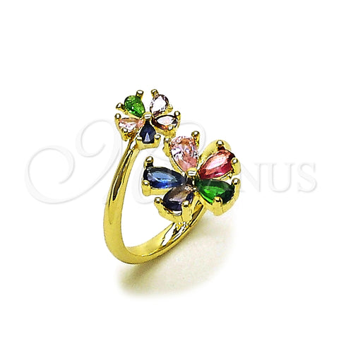 Oro Laminado Multi Stone Ring, Gold Filled Style Flower Design, with Multicolor Cubic Zirconia, Polished, Golden Finish, 01.196.0040 (One size fits all)