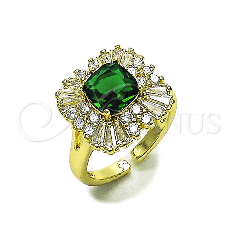 Oro Laminado Multi Stone Ring, Gold Filled Style Cluster and Baguette Design, with Green and White Cubic Zirconia, Polished, Golden Finish, 01.196.0042 (One size fits all)