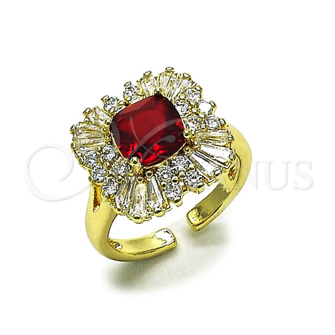 Oro Laminado Multi Stone Ring, Gold Filled Style Cluster and Baguette Design, with Garnet and White Cubic Zirconia, Polished, Golden Finish, 01.196.0042.1