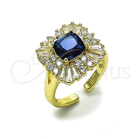 Oro Laminado Multi Stone Ring, Gold Filled Style Cluster and Baguette Design, with Sapphire Blue and White Cubic Zirconia, Polished, Golden Finish, 01.196.0042.2