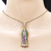 Oro Laminado Religious Pendant, Gold Filled Style Guadalupe Design, with Multicolor Cubic Zirconia, Polished, Golden Finish, 05.253.0197
