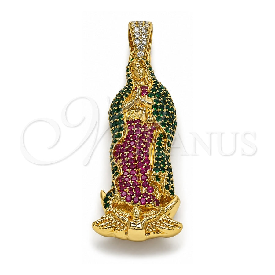 Oro Laminado Religious Pendant, Gold Filled Style Guadalupe Design, with Multicolor Cubic Zirconia, Polished, Golden Finish, 05.253.0197