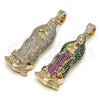 Oro Laminado Religious Pendant, Gold Filled Style Guadalupe Design, with Multicolor Cubic Zirconia, Polished, Golden Finish, 05.253.0197