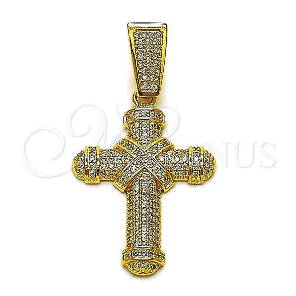Oro Laminado Religious Pendant, Gold Filled Style Cross Design, with White Cubic Zirconia, Polished, Golden Finish, 05.253.0198