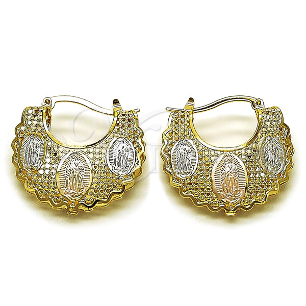 Oro Laminado Medium Hoop, Gold Filled Style Guadalupe and Filigree Design, Diamond Cutting Finish, Tricolor, 02.170.0547.30