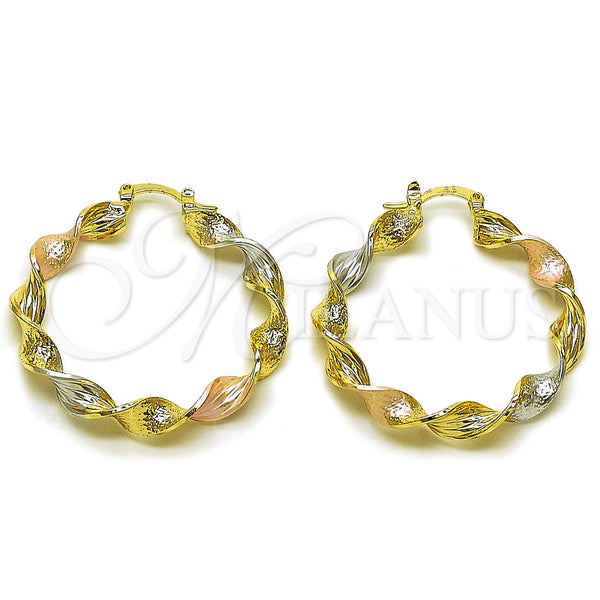 Gold Filled Hoop Earrings — Medium Hoop Twist and Greek Key Design Diamond — main product view — SKU 161844 | Oro Laminado aretes de aro — Medium Hoop Twist and Greek Key diseño Diamond — SKU 161844