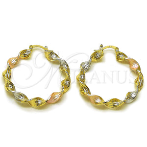 Gold Filled Hoop Earrings — Medium Hoop Twist and Greek Key Design Diamond — main product view — SKU 161844 | Oro Laminado aretes de aro — Medium Hoop Twist and Greek Key diseño Diamond — SKU 161844