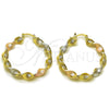 Oro Laminado Medium Hoop, Gold Filled Style Twist and Greek Key Design, Diamond Cutting Finish, Tricolor, 02.170.0342.1.40