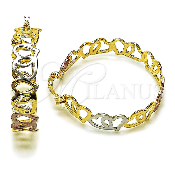 Gold Filled Hoop Earrings — Medium Hoop Heart Design Polished Tricolor 02. — main product view — SKU 161846 | Oro Laminado aretes de aro — Medium Hoop corazón diseño pulido Tricolor 02. — SKU 161846