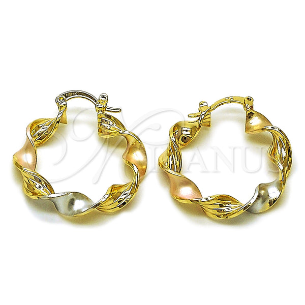 Gold Filled Hoop Earrings — Medium Hoop Twist Design Polished Tricolor 02. — main product view — SKU 161847 | Oro Laminado aretes de aro — Medium Hoop Twist diseño pulido Tricolor 02. — SKU 161847