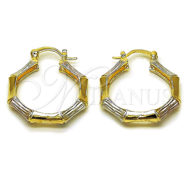 Gold Filled Hoop Earrings — Medium Hoop Bamboo Design Diamond Cutting Tricolor 02. — main product view — SKU 161851 | Oro Laminado aretes de aro — Medium Hoop Bamboo diseño Diamond Cutting Tricolor 02. — SKU 161851