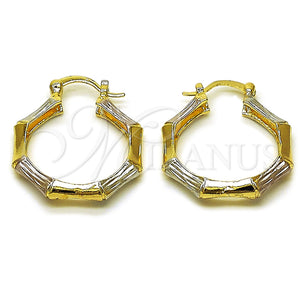 Gold Filled Hoop Earrings — Medium Hoop Bamboo Design Diamond Cutting Tricolor 02. — main product view — SKU 161851 | Oro Laminado aretes de aro — Medium Hoop Bamboo diseño Diamond Cutting Tricolor 02. — SKU 161851