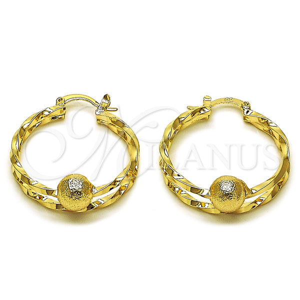 Gold Filled Hoop Earrings — Medium Hoop Twist and Ball Design Matte 02. — main product view — SKU 161856 | Oro Laminado aretes de aro — Medium Hoop Twist and Ball diseño Matte 02. — SKU 161856
