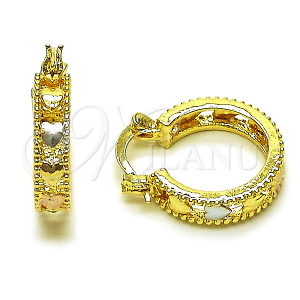 Gold Filled Hoop Earrings — Small Hoop Heart Design Polished Tricolor 02. — main product view — SKU 161857 | Oro Laminado aretes de aro — aro pequeño corazón diseño pulido Tricolor 02. — SKU 161857