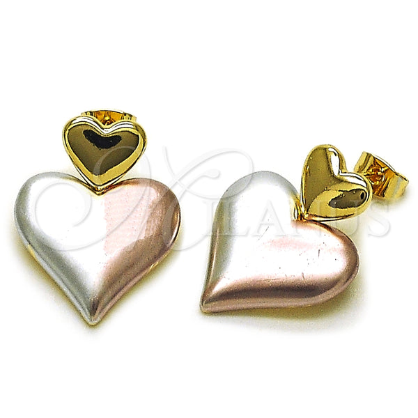 Oro Laminado Stud Earring, Gold Filled Style Heart Design, Polished, Tricolor, 02.170.0560.1