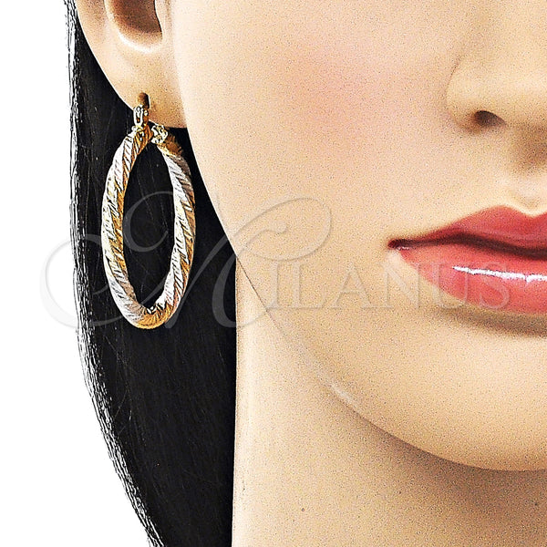 Gold Filled Hoop Earrings — Medium Hoop Twist Design Diamond Cutting Tricolor 02. — alternate product view — SKU 161873 | Oro Laminado aretes de aro — Medium Hoop Twist diseño Diamond Cutting Tricolor 02. — SKU 161873