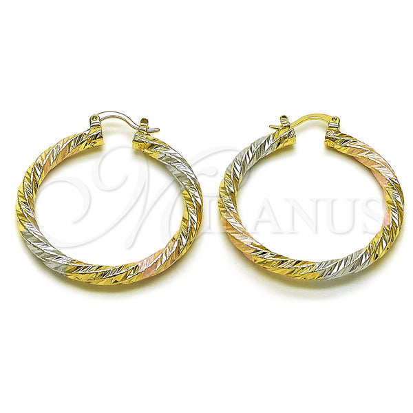 Gold Filled Hoop Earrings — Medium Hoop Twist Design Diamond Cutting Tricolor 02. — main product view — SKU 161873 | Oro Laminado aretes de aro — Medium Hoop Twist diseño Diamond Cutting Tricolor 02. — SKU 161873