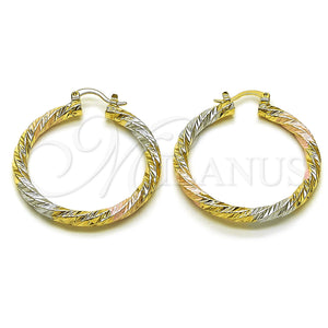 Gold Filled Hoop Earrings — Medium Hoop Twist Design Diamond Cutting Tricolor 02. — main product view — SKU 161873 | Oro Laminado aretes de aro — Medium Hoop Twist diseño Diamond Cutting Tricolor 02. — SKU 161873