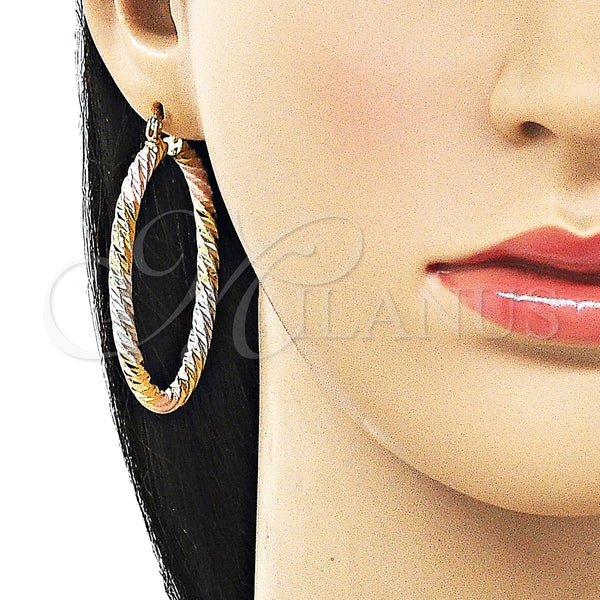 Gold Filled Hoop Earrings — Large Hoop Twist Design Diamond Cutting Tricolor 02. — alternate product view — SKU 161874 | Oro Laminado aretes de aro — Large Hoop Twist diseño Diamond Cutting Tricolor 02. — SKU 161874