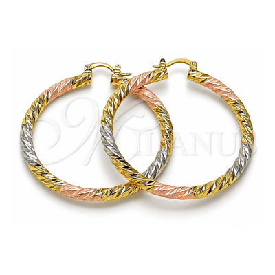 Oro Laminado Large Hoop, Gold Filled Style Twist Design, Diamond Cutting Finish, Tricolor, 02.170.0567.1.50