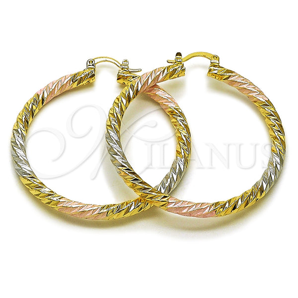 Gold Filled Hoop Earrings — Large Hoop Twist Design Diamond Cutting Tricolor 02. — main product view — SKU 161874 | Oro Laminado aretes de aro — Large Hoop Twist diseño Diamond Cutting Tricolor 02. — SKU 161874
