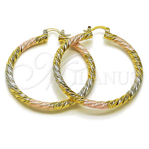 Gold Filled Hoop Earrings — Large Hoop Twist Design Diamond Cutting Tricolor 02. — main product view — SKU 161874 | Oro Laminado aretes de aro — Large Hoop Twist diseño Diamond Cutting Tricolor 02. — SKU 161874