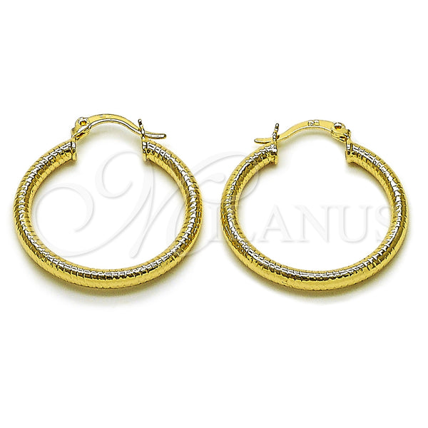 Gold Filled Hoop Earrings — Medium Hoop Hollow Design Diamond Cutting 02. — main product view — SKU 161875 | Oro Laminado aretes de aro — Medium Hoop Hollow diseño Diamond Cutting 02. — SKU 161875