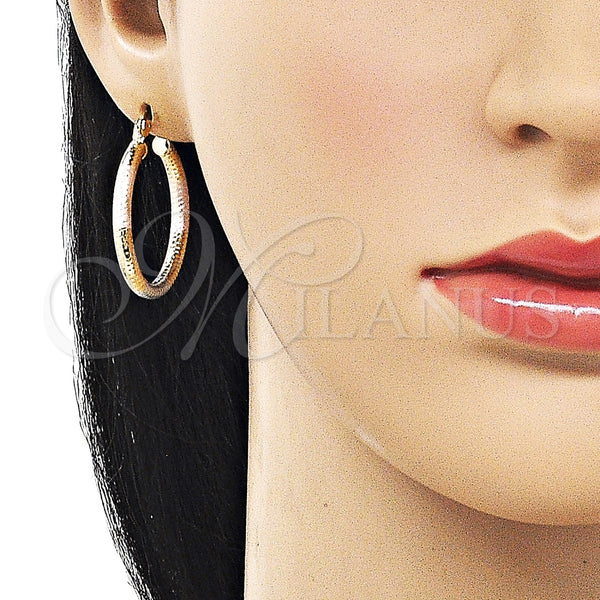 Gold Filled Hoop Earrings — Medium Hoop Hollow Design Diamond Cutting Tricolor 02. — alternate product view — SKU 161877 | Oro Laminado aretes de aro — Medium Hoop Hollow diseño Diamond Cutting Tricolor 02. — SKU 161877