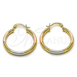 Gold Filled Hoop Earrings — Medium Hoop Hollow Design Diamond Cutting Tricolor 02. — main product view — SKU 161877 | Oro Laminado aretes de aro — Medium Hoop Hollow diseño Diamond Cutting Tricolor 02. — SKU 161877