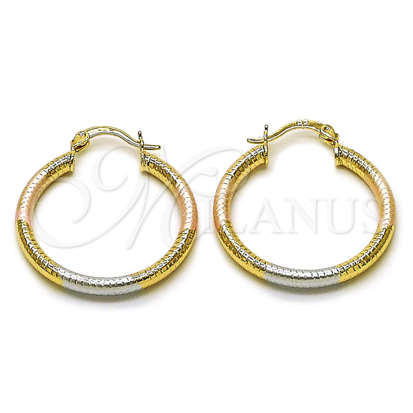 Gold Filled Hoop Earrings — Medium Hoop Hollow Design Diamond Cutting Tricolor 02. — main product view — SKU 161877 | Oro Laminado aretes de aro — Medium Hoop Hollow diseño Diamond Cutting Tricolor 02. — SKU 161877