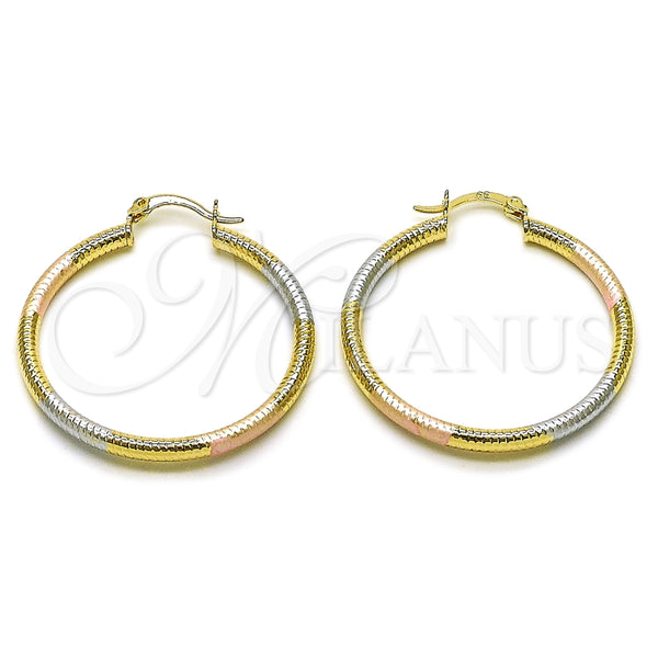 Gold Filled Hoop Earrings — Medium Hoop Hollow Design Diamond Cutting Tricolor 02. — main product view — SKU 161878 | Oro Laminado aretes de aro — Medium Hoop Hollow diseño Diamond Cutting Tricolor 02. — SKU 161878