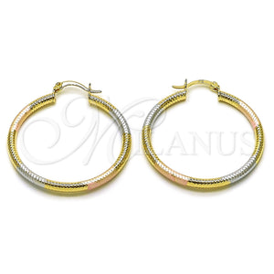 Gold Filled Hoop Earrings — Medium Hoop Hollow Design Diamond Cutting Tricolor 02. — main product view — SKU 161878 | Oro Laminado aretes de aro — Medium Hoop Hollow diseño Diamond Cutting Tricolor 02. — SKU 161878