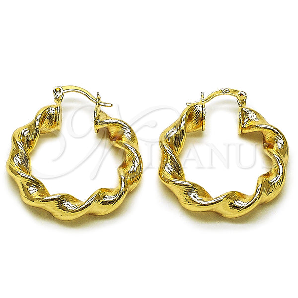 Gold Filled Hoop Earrings — Medium Hoop Twist and Hollow Design Diamond Cutting — main product view — SKU 161881 | Oro Laminado aretes de aro — Medium Hoop Twist and Hollow diseño Diamond Cutting — SKU 161881