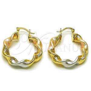 Gold Filled Hoop Earrings — Medium Hoop Twist and Hollow Design Diamond Cutting — main product view — SKU 161882 | Oro Laminado aretes de aro — Medium Hoop Twist and Hollow diseño Diamond Cutting — SKU 161882