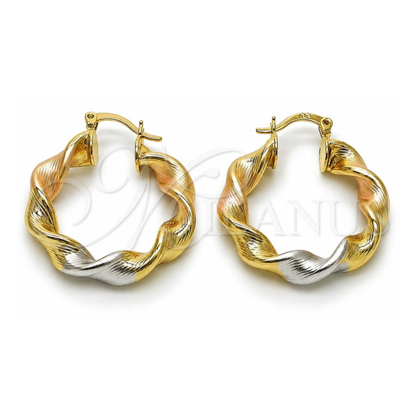 Oro Laminado Medium Hoop, Gold Filled Style Twist and Hollow Design, Diamond Cutting Finish, Tricolor, 02.170.0021.1.30