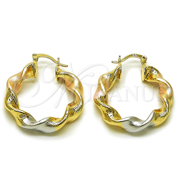 Gold Filled Hoop Earrings — Medium Hoop Twist and Hollow Design Diamond Cutting — main product view — SKU 161882 | Oro Laminado aretes de aro — Medium Hoop Twist and Hollow diseño Diamond Cutting — SKU 161882