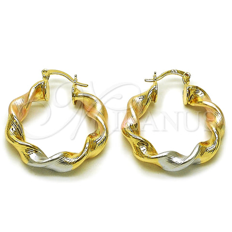 Oro Laminado Medium Hoop, Gold Filled Style Twist and Hollow Design, Diamond Cutting Finish, Tricolor, 02.170.0021.1.30