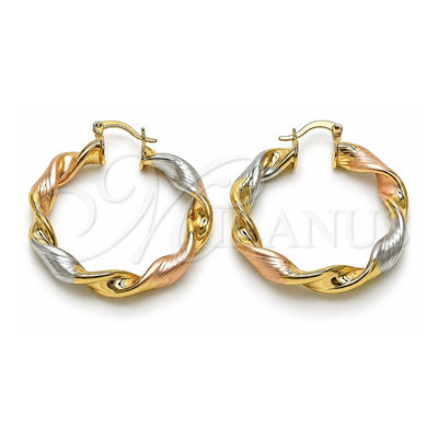 Oro Laminado Medium Hoop, Gold Filled Style Twist and Hollow Design, Diamond Cutting Finish, Tricolor, 02.170.0021.1.40