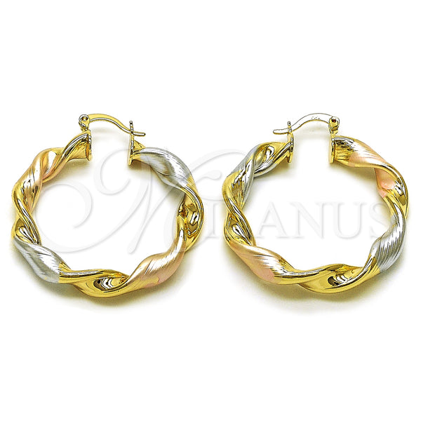 Gold Filled Hoop Earrings — Medium Hoop Twist and Hollow Design Diamond Cutting — main product view — SKU 161883 | Oro Laminado aretes de aro — Medium Hoop Twist and Hollow diseño Diamond Cutting — SKU 161883