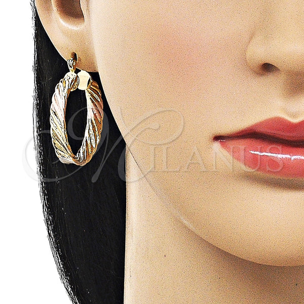 Gold Filled Hoop Earrings — Medium Hoop Hollow Design Polished Tricolor 02. — alternate product view — SKU 161885 | Oro Laminado aretes de aro — Medium Hoop Hollow diseño pulido Tricolor 02. — SKU 161885