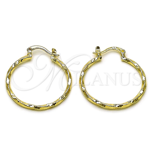 Gold Filled Hoop Earrings — Medium Hoop Twist Design Diamond Cutting 02. — main product view — SKU 161897 | Oro Laminado aretes de aro — Medium Hoop Twist diseño Diamond Cutting 02. — SKU 161897