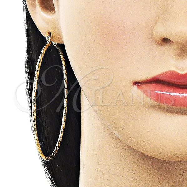 Gold Filled Hoop Earrings — Extra Large Hoop Twist Design Diamond Cutting 02. — alternate product view — SKU 161901 | Oro Laminado aretes de aro — Extra Large Hoop Twist diseño Diamond Cutting 02. — SKU 161901