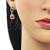 Oro Laminado Long Earring, Gold Filled Style Cluster and Belt Buckle Design, with Garnet Cubic Zirconia and White Micro Pave, Polished, Golden Finish, 02.213.0834