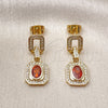 Oro Laminado Long Earring, Gold Filled Style Cluster and Belt Buckle Design, with Garnet Cubic Zirconia and White Micro Pave, Polished, Golden Finish, 02.213.0834