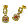 Oro Laminado Long Earring, Gold Filled Style Cluster and Belt Buckle Design, with Garnet Cubic Zirconia and White Micro Pave, Polished, Golden Finish, 02.213.0834
