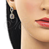 Oro Laminado Long Earring, Gold Filled Style Cluster and Belt Buckle Design, with Amethyst Cubic Zirconia and White Micro Pave, Polished, Golden Finish, 02.213.0834.1