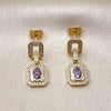Oro Laminado Long Earring, Gold Filled Style Cluster and Belt Buckle Design, with Amethyst Cubic Zirconia and White Micro Pave, Polished, Golden Finish, 02.213.0834.1