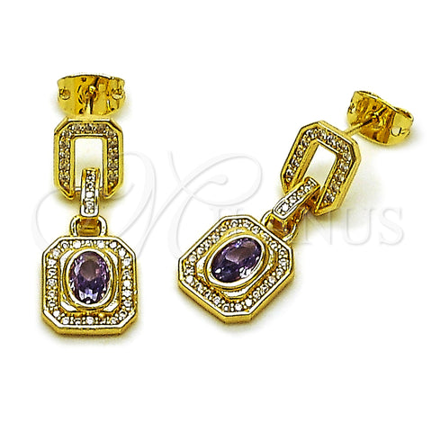 Oro Laminado Long Earring, Gold Filled Style Cluster and Belt Buckle Design, with Amethyst Cubic Zirconia and White Micro Pave, Polished, Golden Finish, 02.213.0834.1